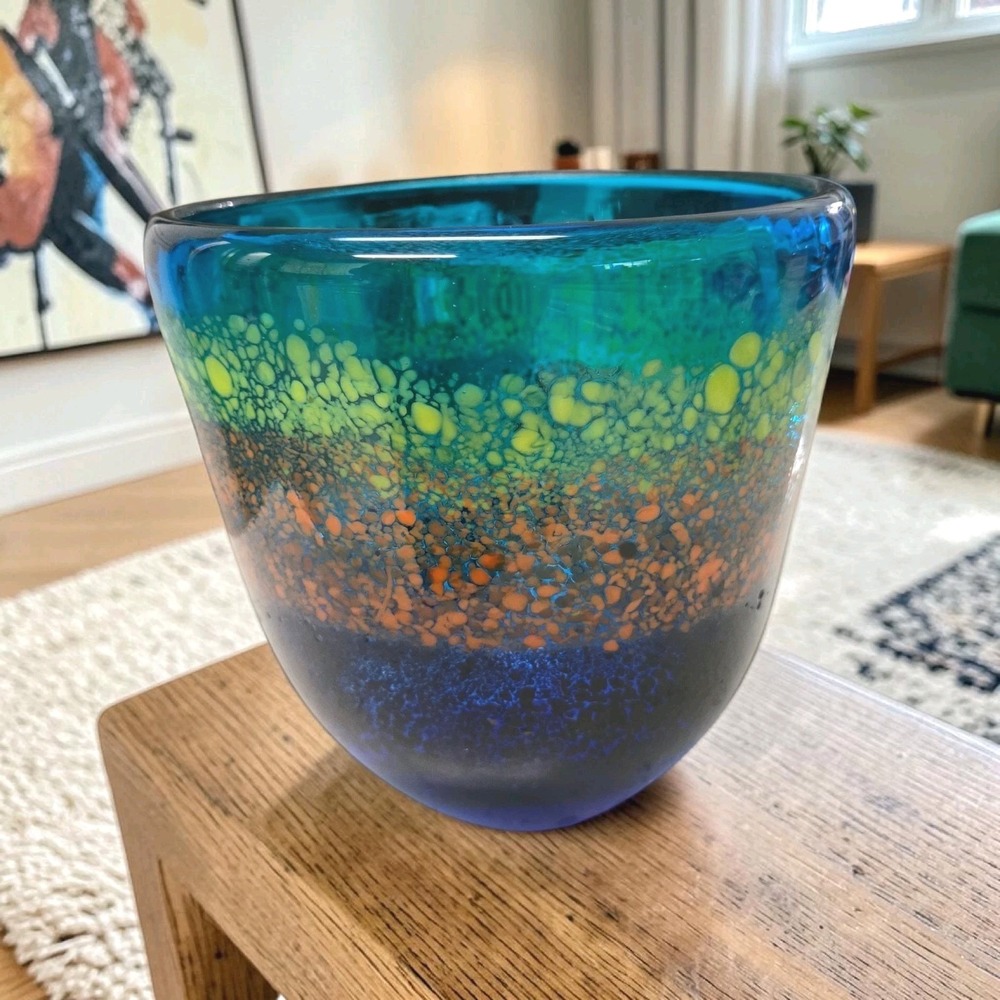 Vtg MCM Blue Green Orange Art Glass Vase 7" Heavy Colorful Decor Murano‎ Style